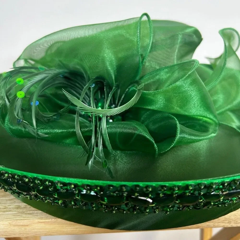 Ashro Womens Green Organza Church Hat Wide Brim Feather Beaded Trim Kentucky